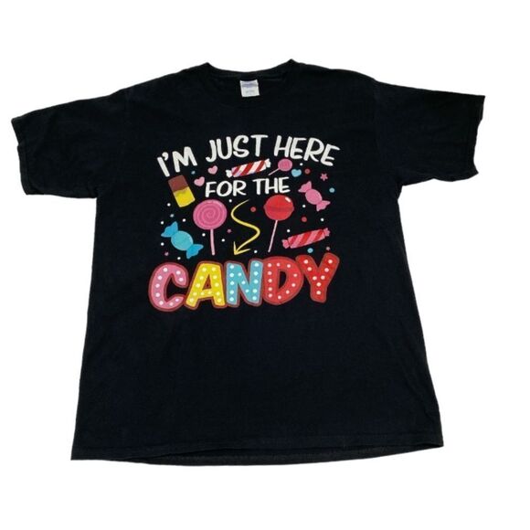Port & Company I'm Just Here For The Candy Size Large Black Multi Graphic Tee - Picture 3 of 9